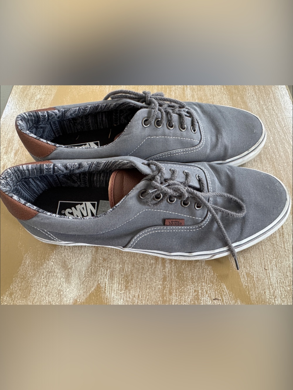 Vans Men’s Gray Canvas Sneakers with Brown Heel Accents